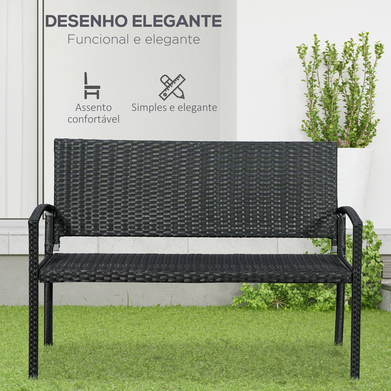Banco jardim lounge cadeira 2 lugares móveis para jardim exterior terraço 2 lugares rattan sintético carga 320kg 122x60x87cm estrutura aço