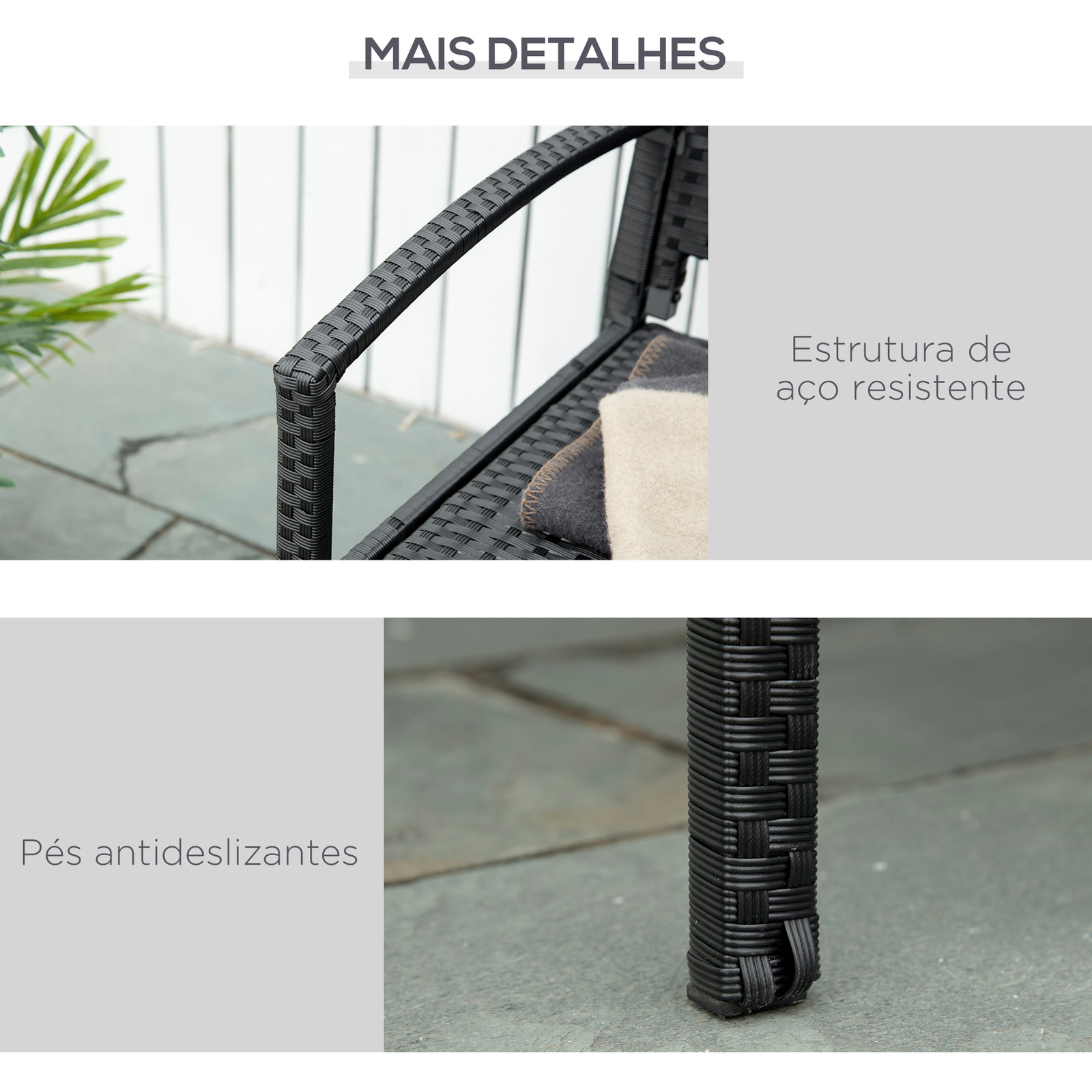Banco jardim lounge cadeira 2 lugares móveis para jardim exterior terraço 2 lugares rattan sintético carga 320kg 122x60x87cm estrutura aço