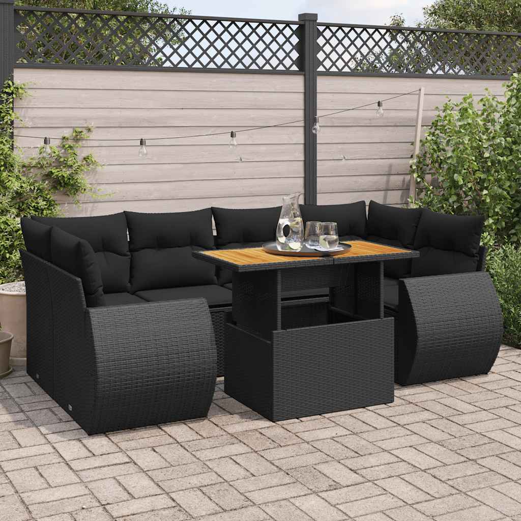 7 Pcs conjunto de sofás p/ jardim c/ almofadões vime PE preto