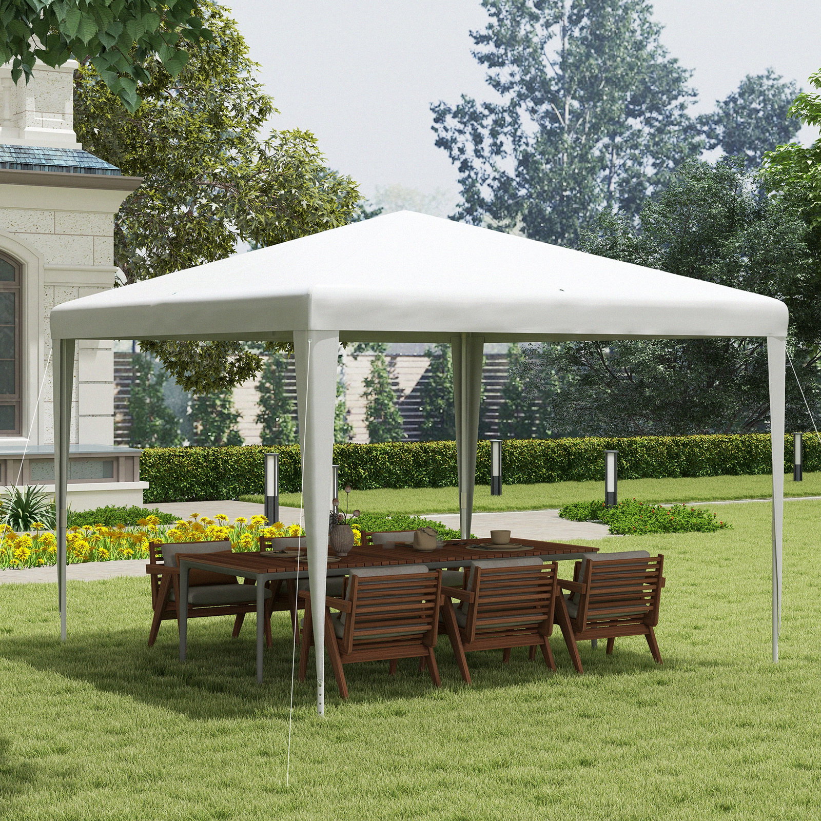 Tenda de jardim desmontável tenda para exteriores com 4 orifícios de drenagem e tubo de aço 293x293x252 cm branco