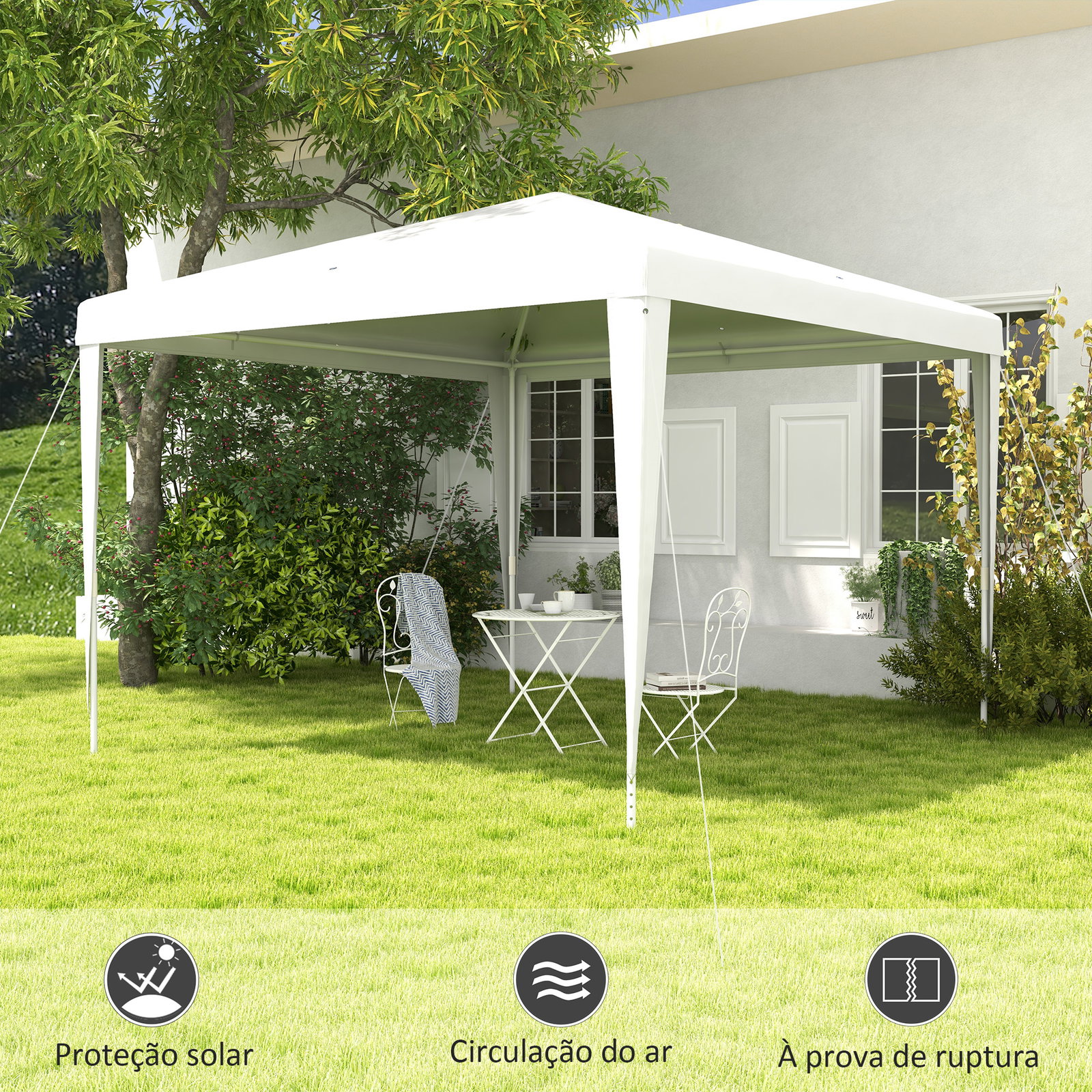 Tenda de jardim desmontável tenda para exteriores com 4 orifícios de drenagem e tubo de aço 293x293x252 cm branco