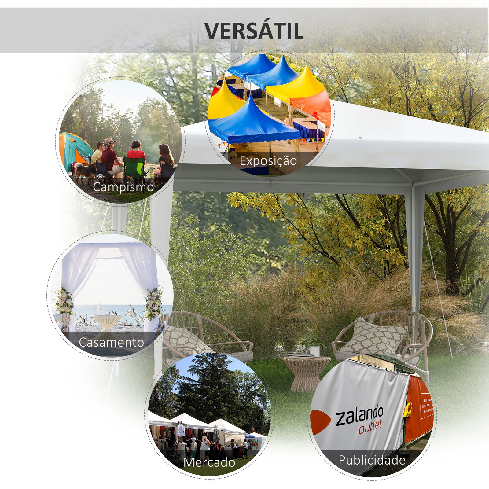Tenda de jardim desmontável tenda para exteriores com 4 orifícios de drenagem e tubo de aço 293x293x252 cm branco