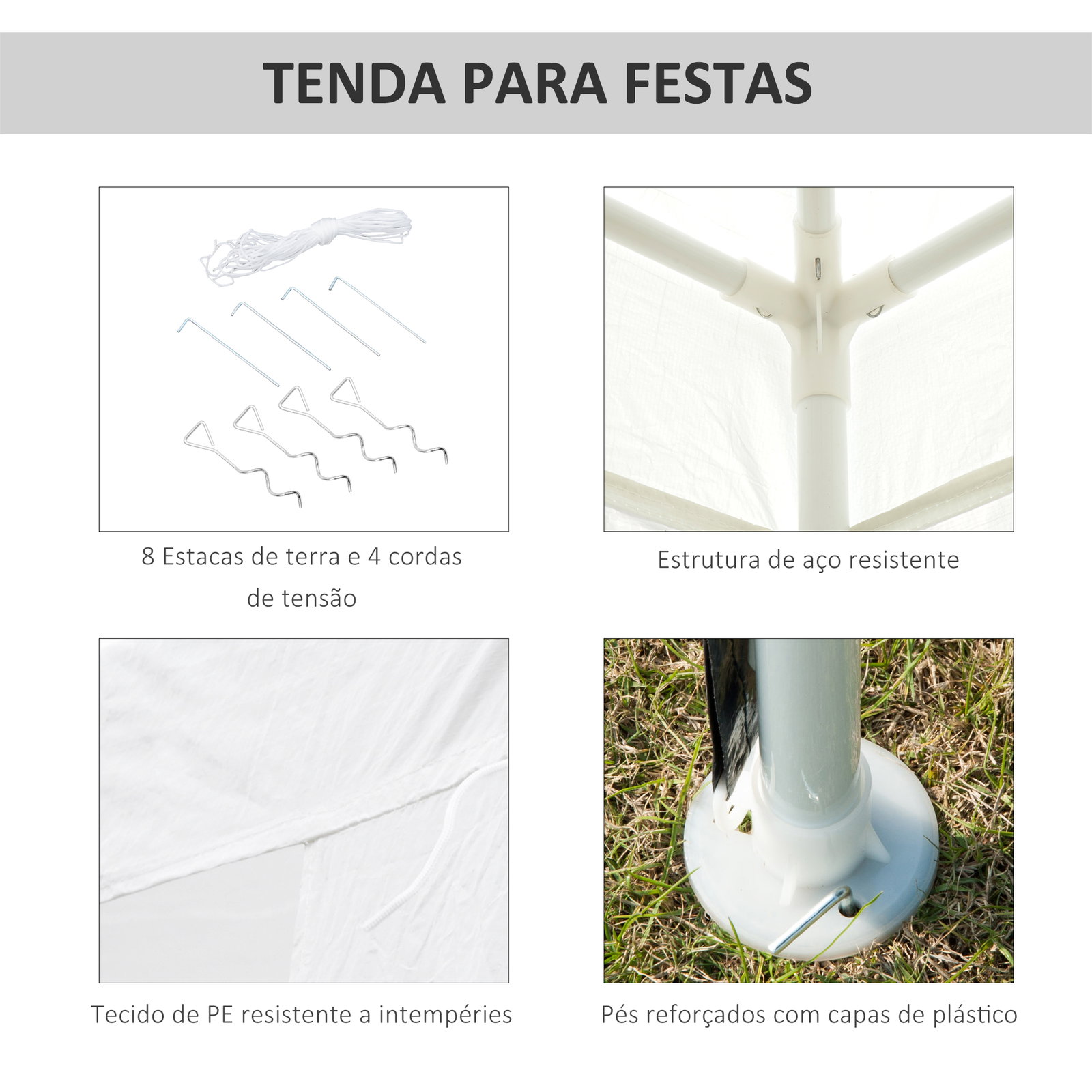 Tenda de jardim desmontável tenda para exteriores com 4 orifícios de drenagem e tubo de aço 293x293x252 cm branco
