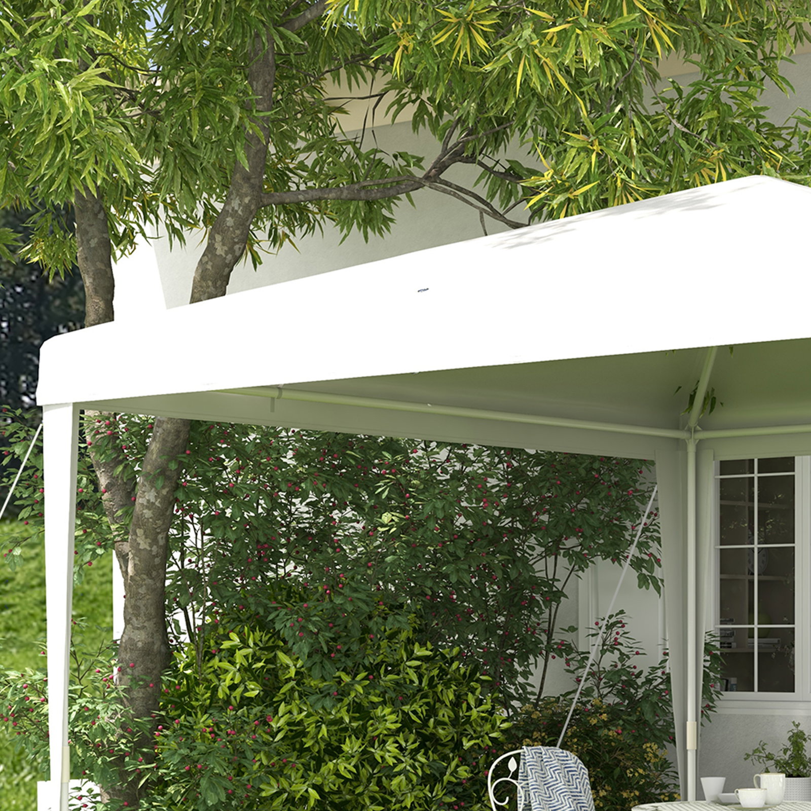 Tenda de jardim desmontável tenda para exteriores com 4 orifícios de drenagem e tubo de aço 293x293x252 cm branco