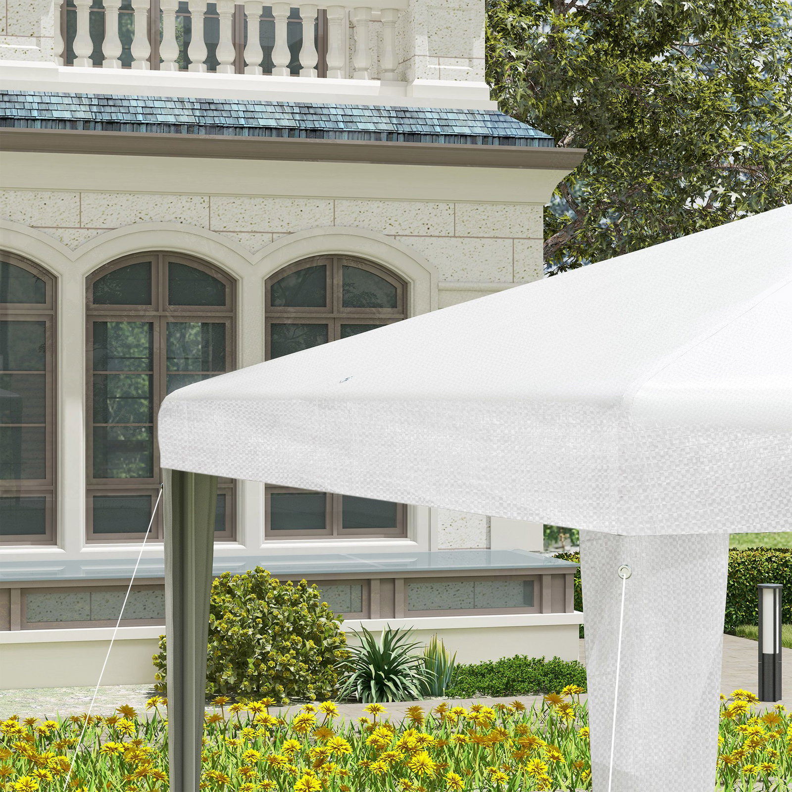 Tenda de jardim desmontável tenda para exteriores com 4 orifícios de drenagem e tubo de aço 293x293x252 cm branco