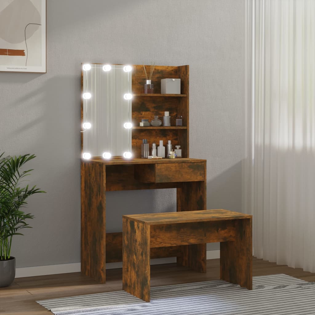 Conjunto toucador com leds madeira processada carvalho fumado