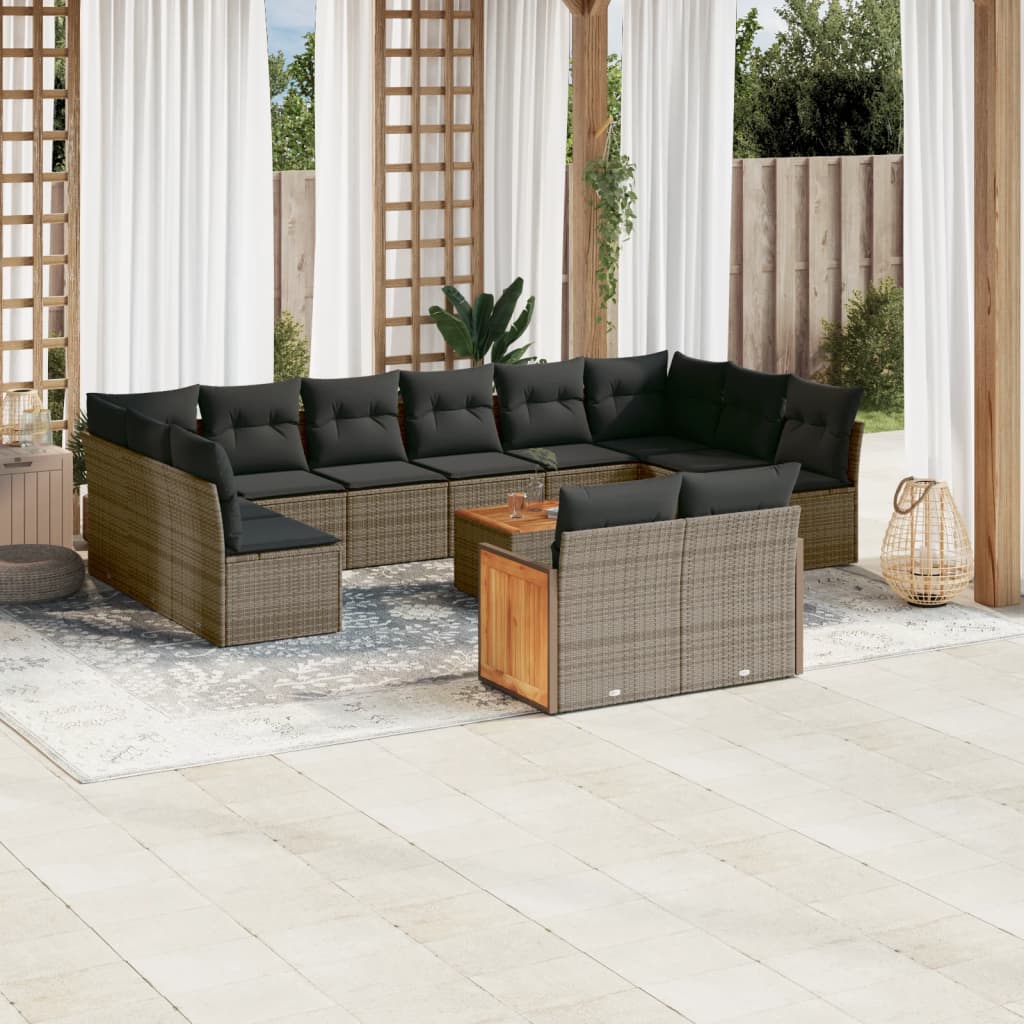 13 Pcs conjunto sofás p/ jardim c/ almofadões vime PE cinzento