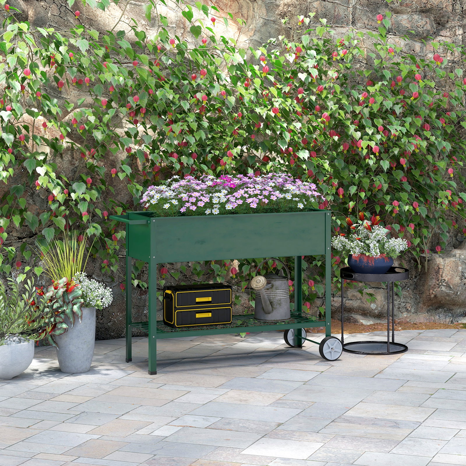 Horta vertical elevada de metal horta vertical com rodas alça lateral e prateleira inferior para cultivo 109x44x80 cm verde
