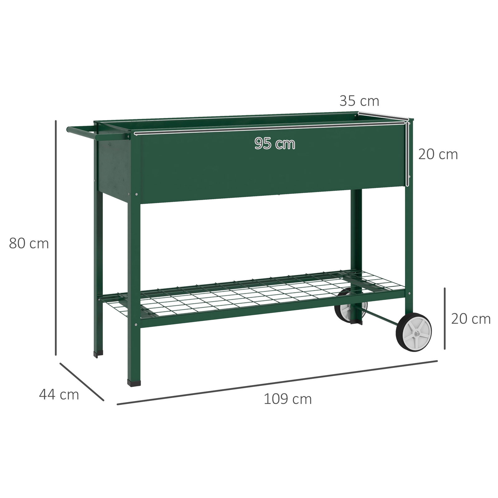 Horta vertical elevada de metal horta vertical com rodas alça lateral e prateleira inferior para cultivo 109x44x80 cm verde