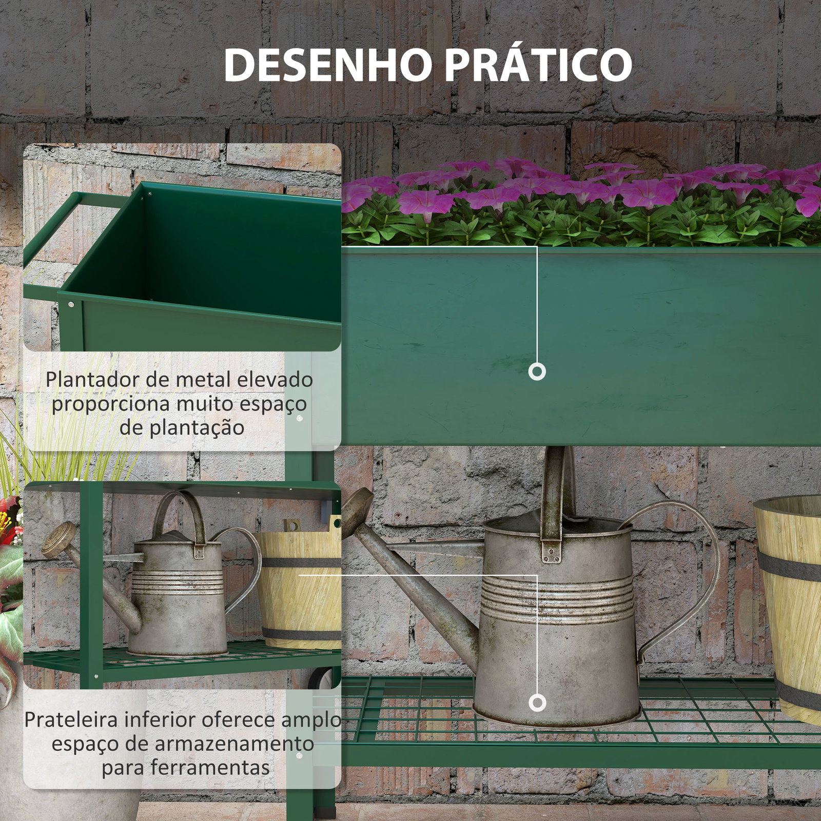 Horta vertical elevada de metal horta vertical com rodas alça lateral e prateleira inferior para cultivo 109x44x80 cm verde