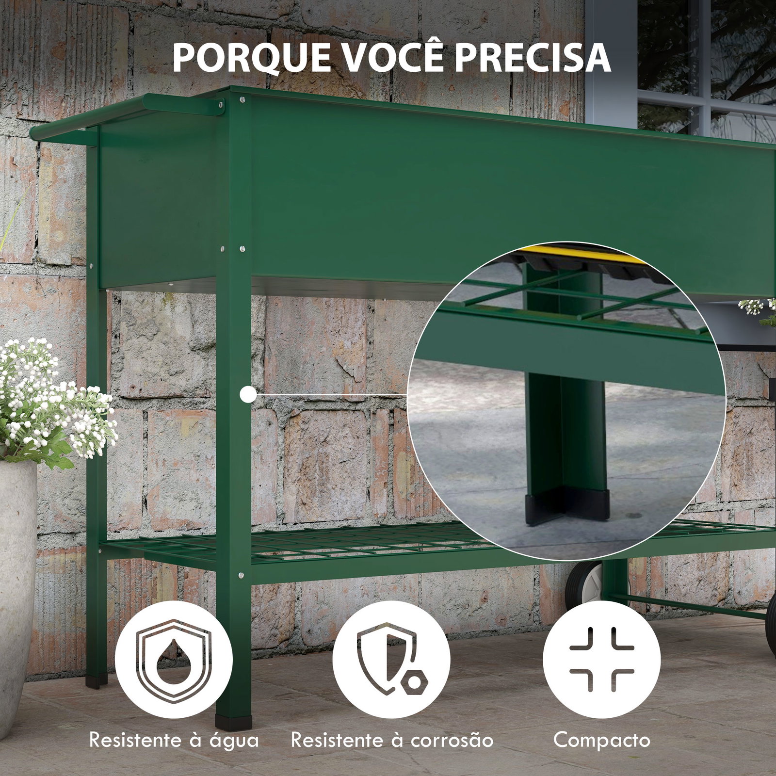 Horta vertical elevada de metal horta vertical com rodas alça lateral e prateleira inferior para cultivo 109x44x80 cm verde