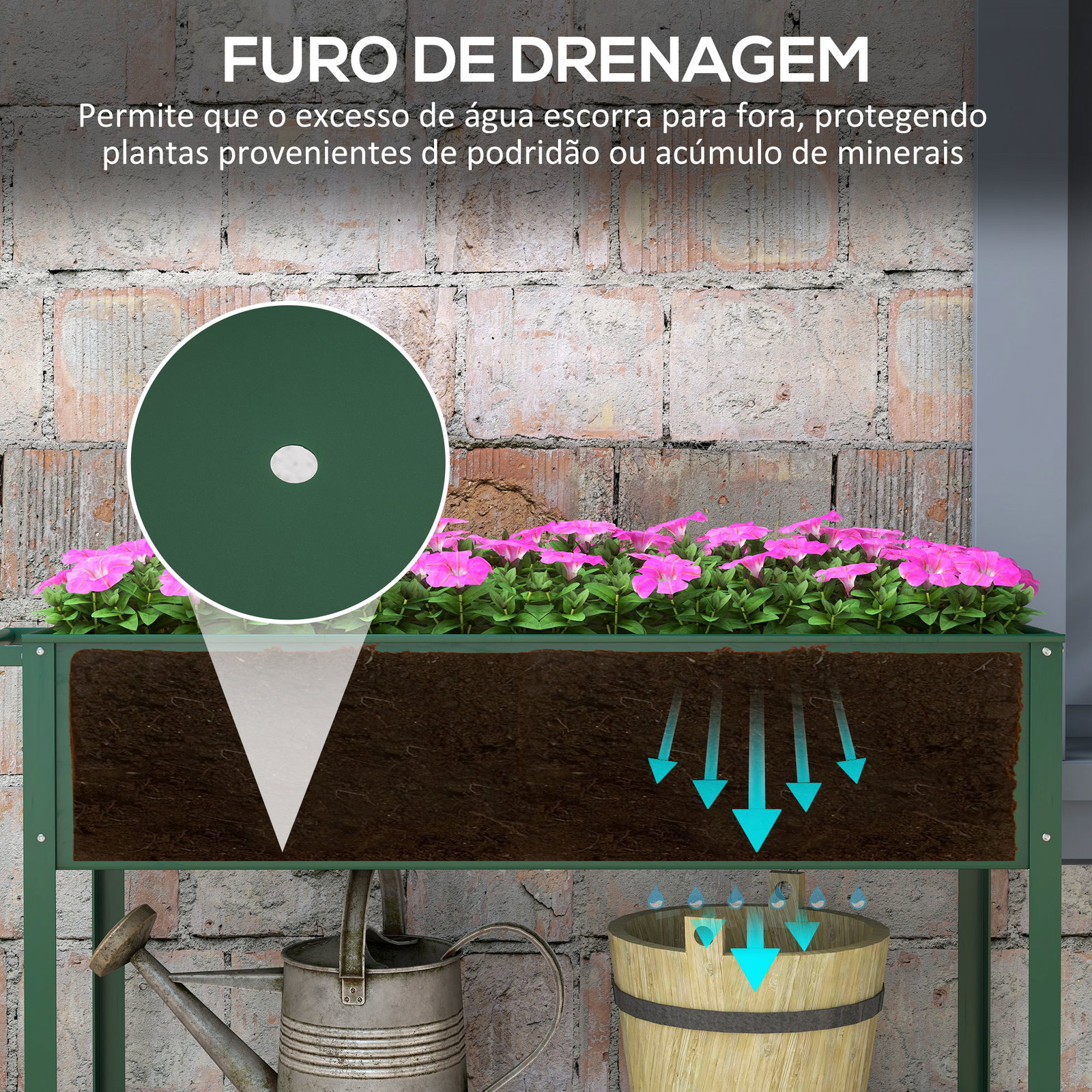 Horta vertical elevada de metal horta vertical com rodas alça lateral e prateleira inferior para cultivo 109x44x80 cm verde