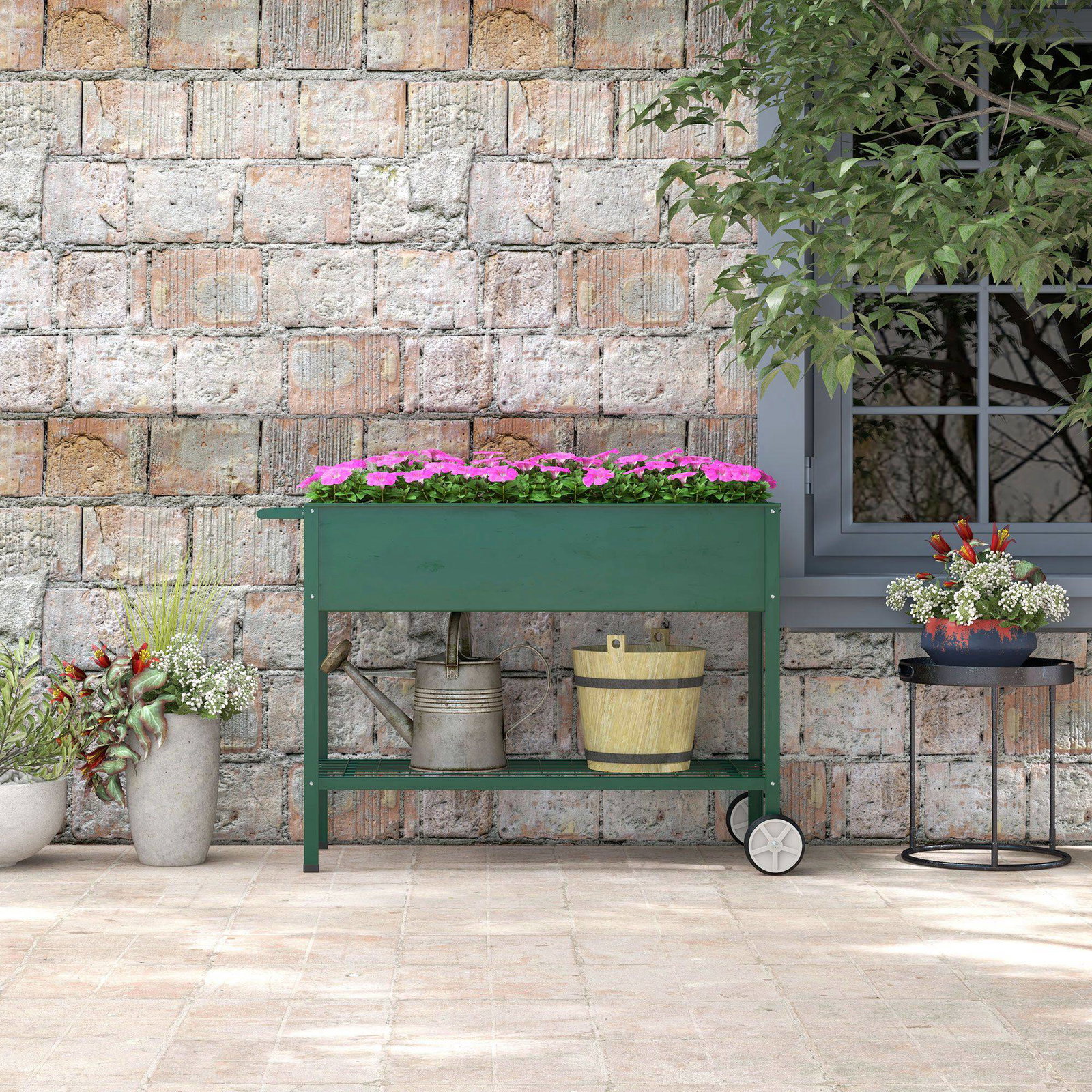 Horta vertical elevada de metal horta vertical com rodas alça lateral e prateleira inferior para cultivo 109x44x80 cm verde