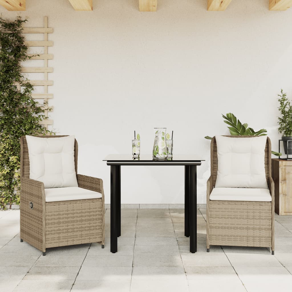 3 Pcs conjunto de jantar p/ jardim com almofadões vime PE bege
