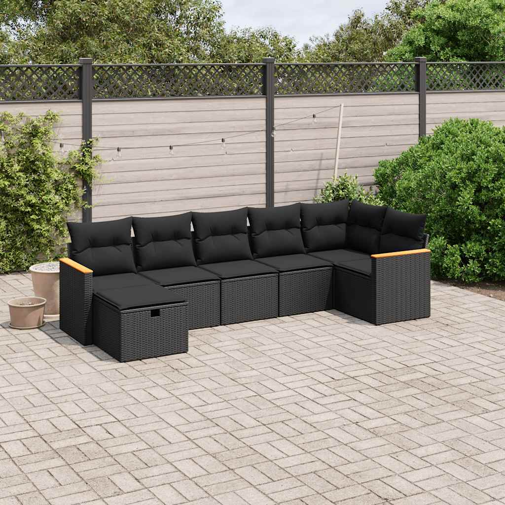 7 Pcs conjunto de sofás p/ jardim c/ almofadões vime PE preto