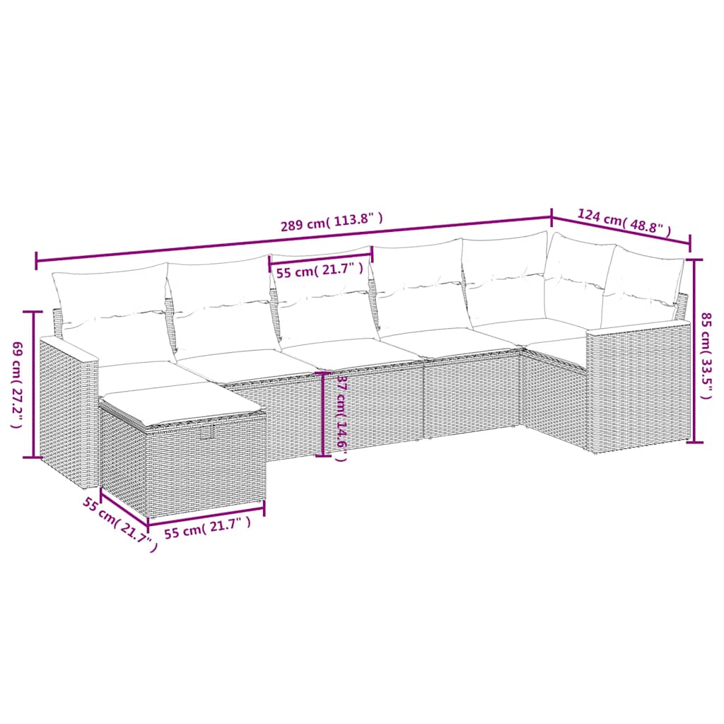 7 Pcs conjunto de sofás p/ jardim c/ almofadões vime PE preto