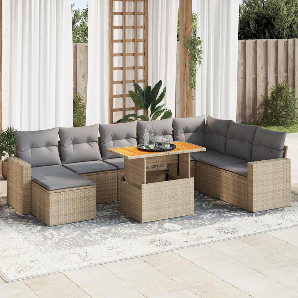 9 Pcs conjunto de sofás p/ jardim com almofadões vime PE bege