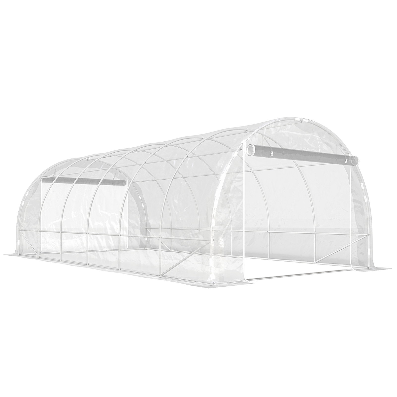 Estufa tipo túnel 296x597x199 cm com 2 portas enroláveis estrutura de aço galvanizado e cobertura em PE 150g/m² transparente