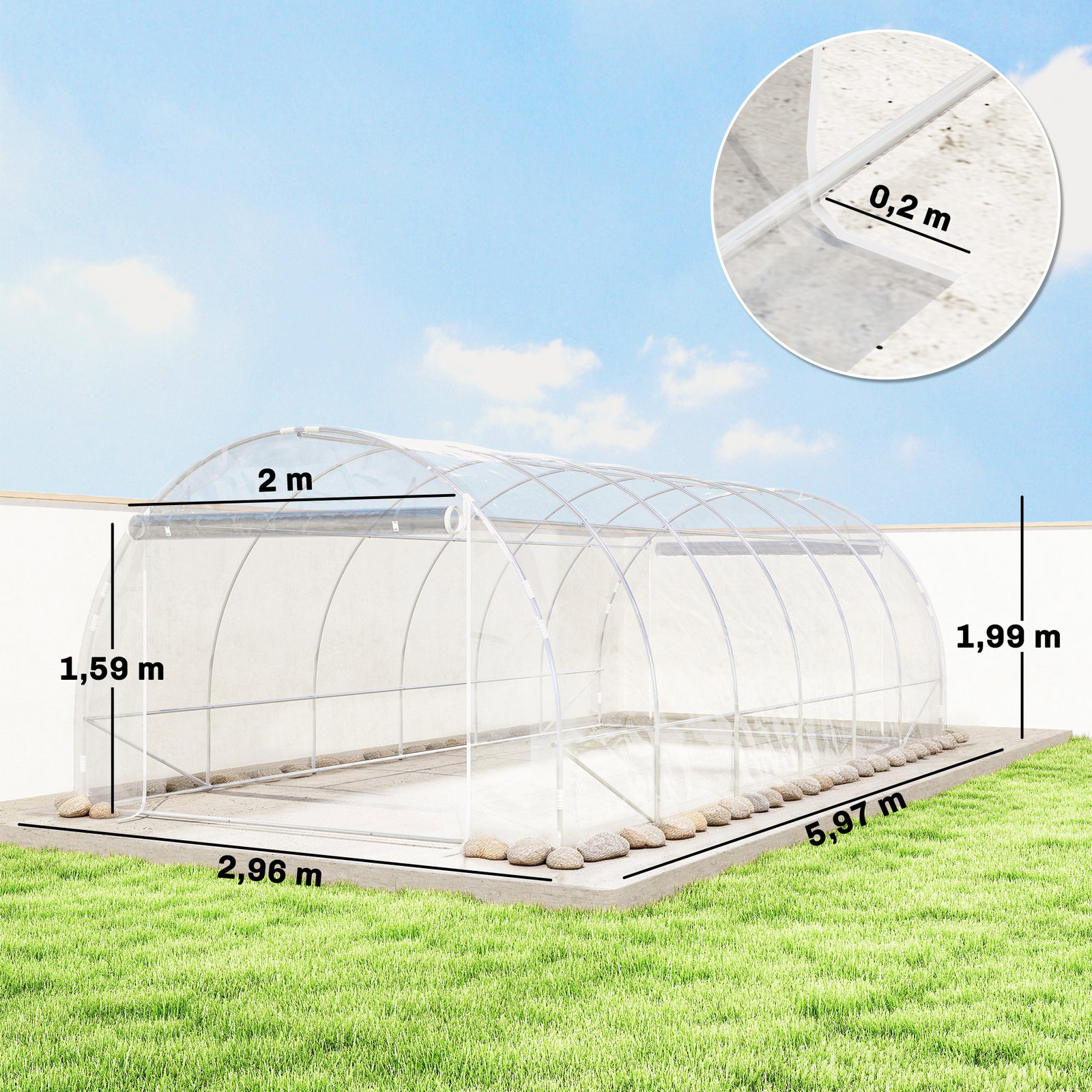 Estufa tipo túnel 296x597x199 cm com 2 portas enroláveis estrutura de aço galvanizado e cobertura em PE 150g/m² transparente