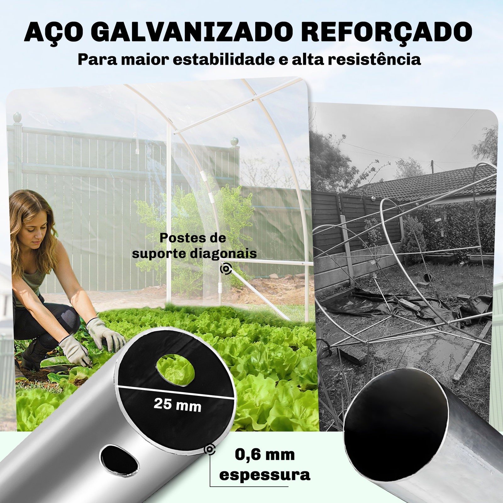 Estufa tipo túnel 296x597x199 cm com 2 portas enroláveis estrutura de aço galvanizado e cobertura em PE 150g/m² transparente