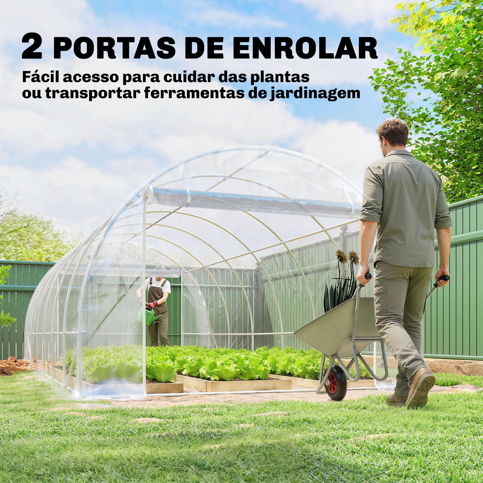 Estufa tipo túnel 296x597x199 cm com 2 portas enroláveis estrutura de aço galvanizado e cobertura em PE 150g/m² transparente