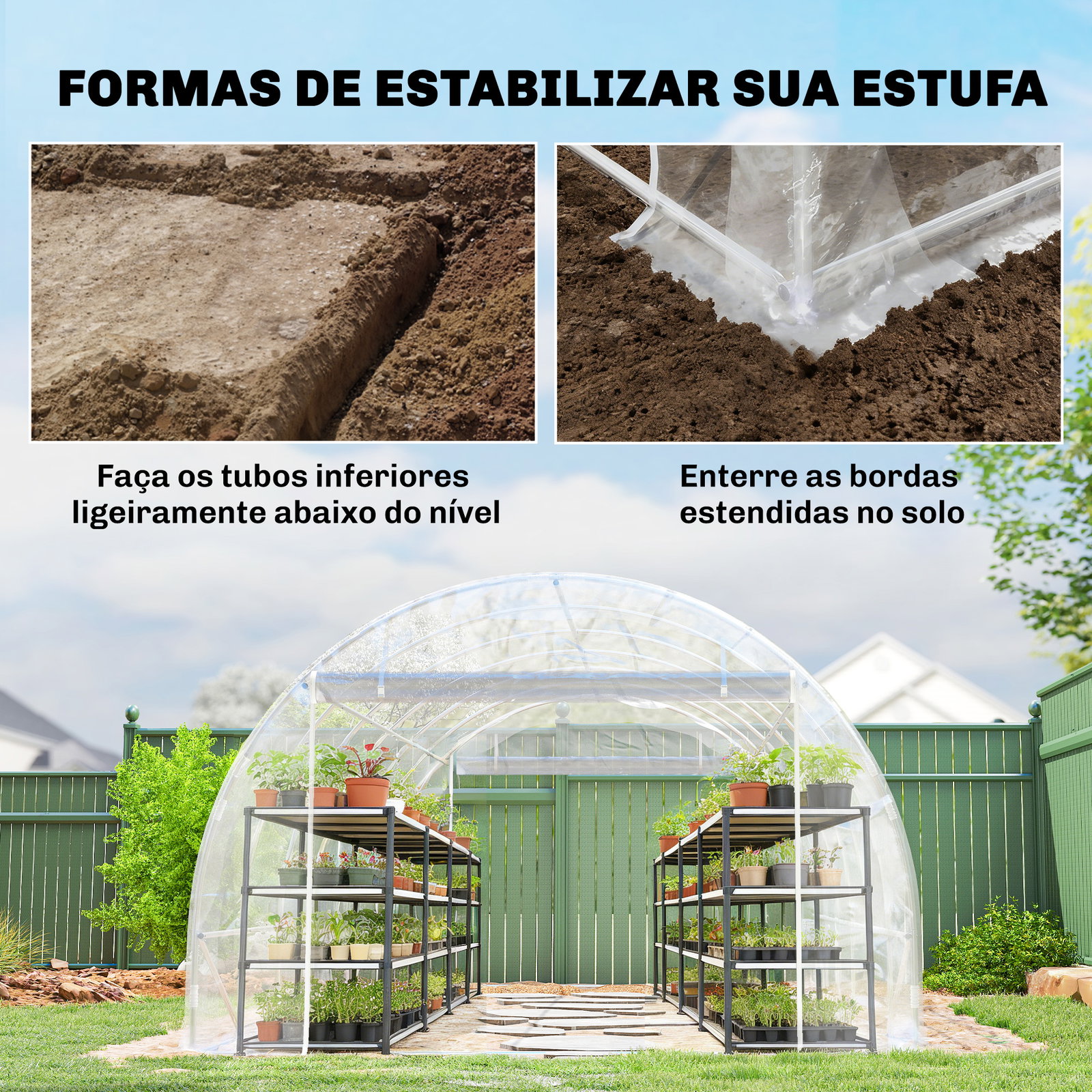 Estufa tipo túnel 296x597x199 cm com 2 portas enroláveis estrutura de aço galvanizado e cobertura em PE 150g/m² transparente