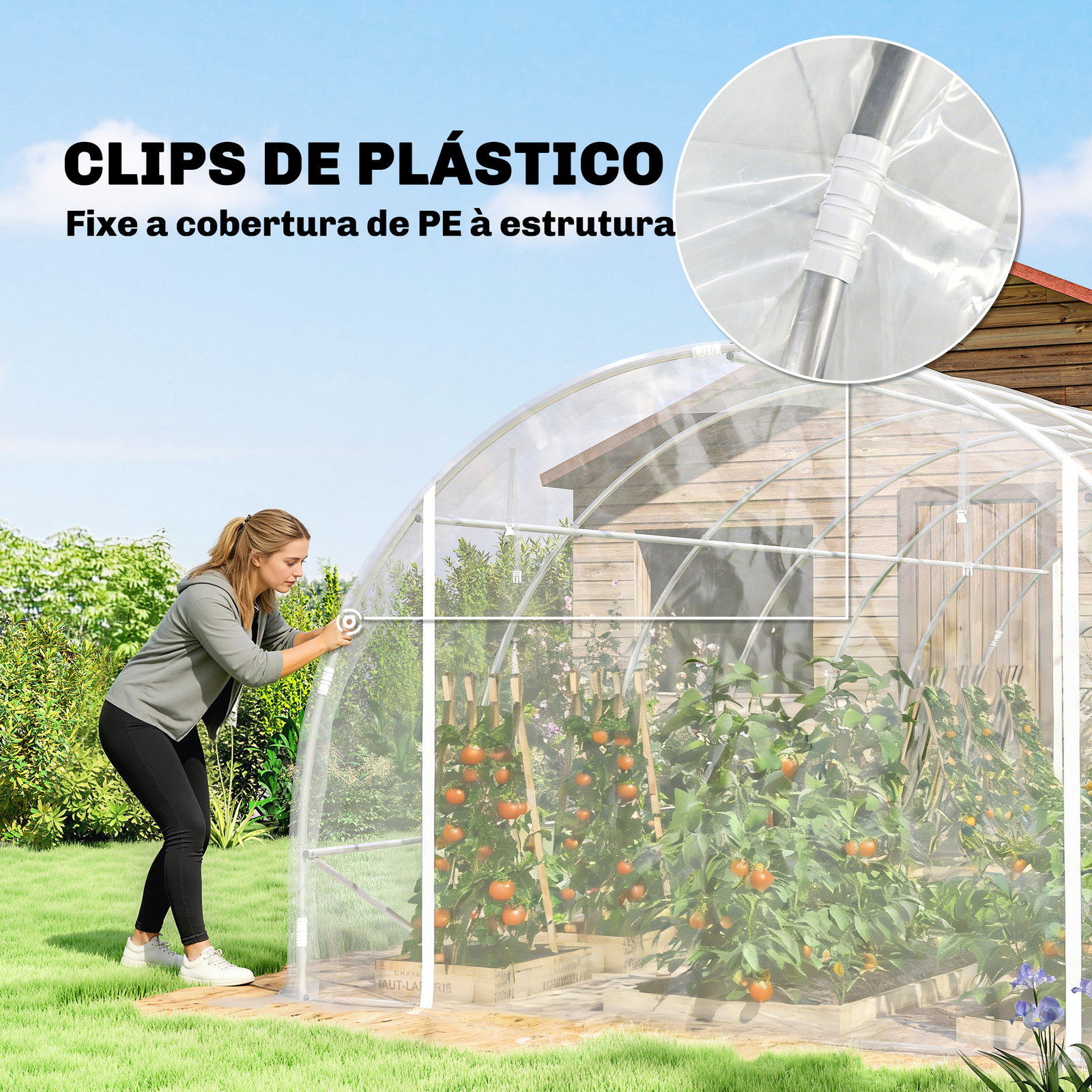 Estufa tipo túnel 296x597x199 cm com 2 portas enroláveis estrutura de aço galvanizado e cobertura em PE 150g/m² transparente