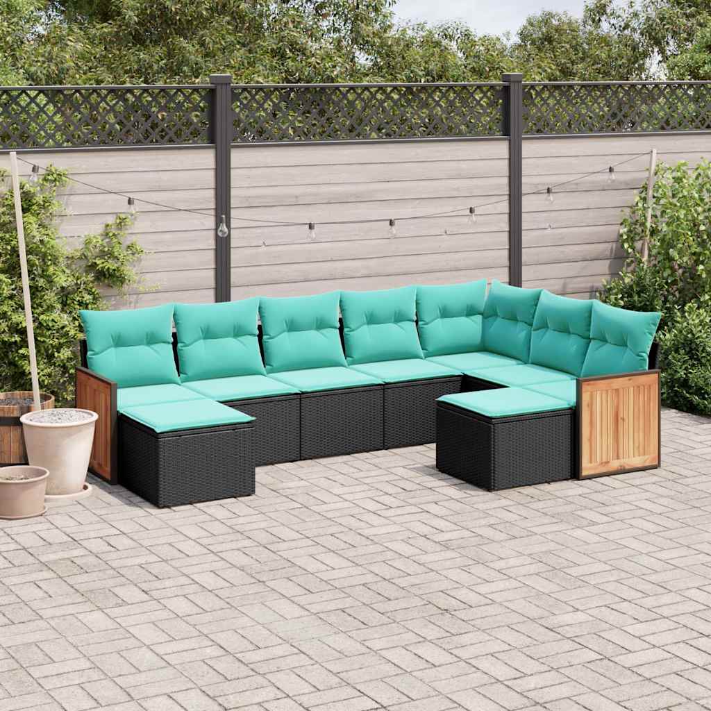 Conjunto de sofá de jardim de 9 peças com almofadas em rattan sintético preto