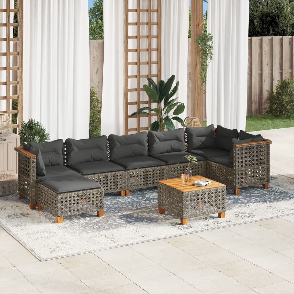 8 Pcs conjunto sofás de jardim c/ almofadões vime PE cinzento