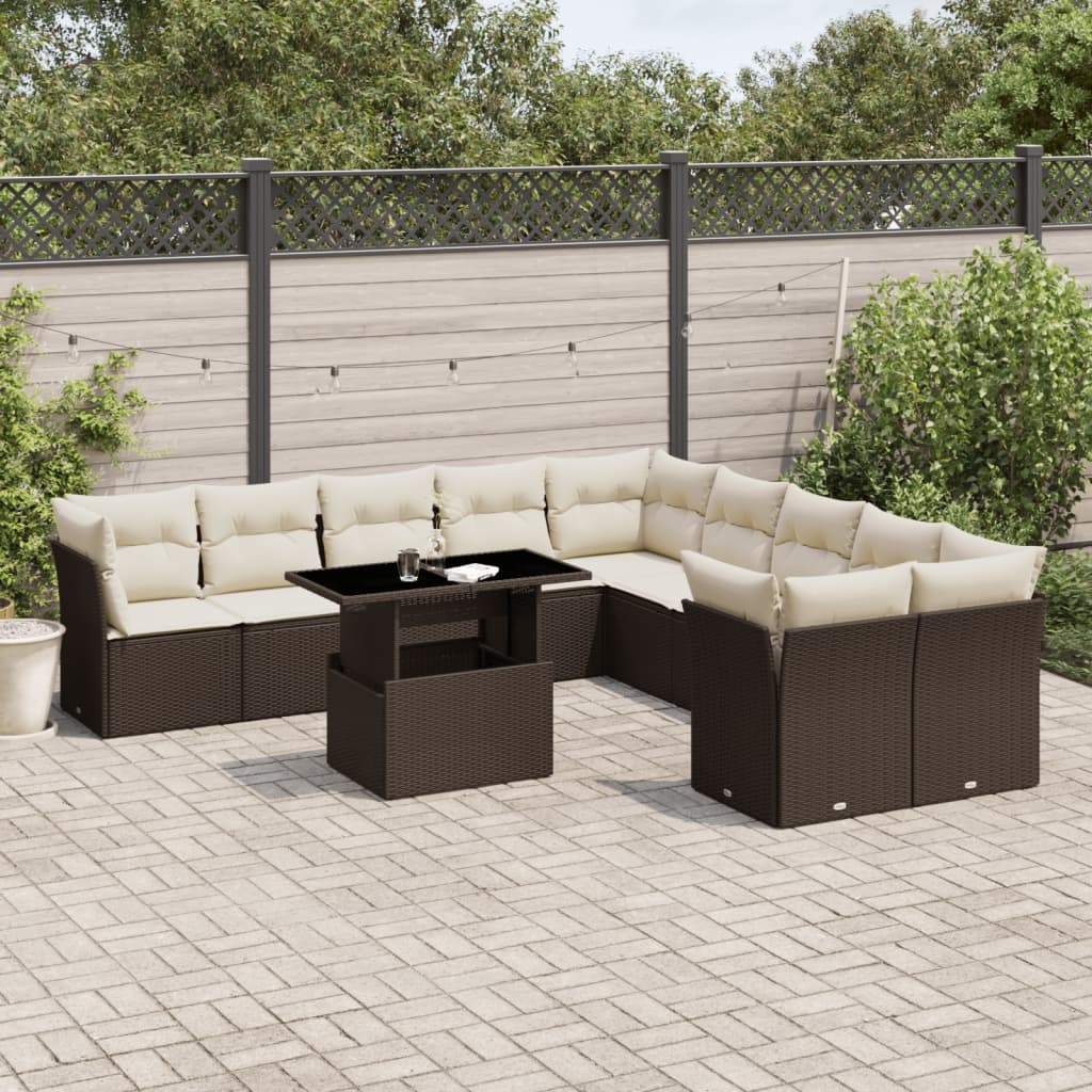 11 Pcs conjunto sofás de jardim c/ almofadões vime PE castanho
