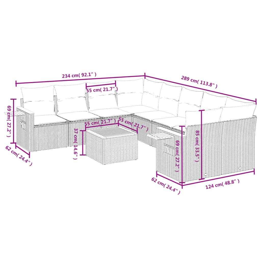9 Pcs conjunto de sofás p/ jardim com almofadões vime PE bege