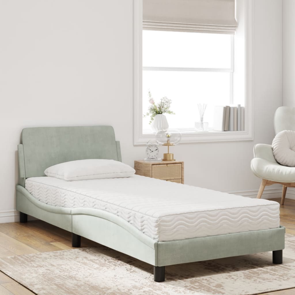 Cama com colchão dover 90x190 cm veludo cinzento-claro