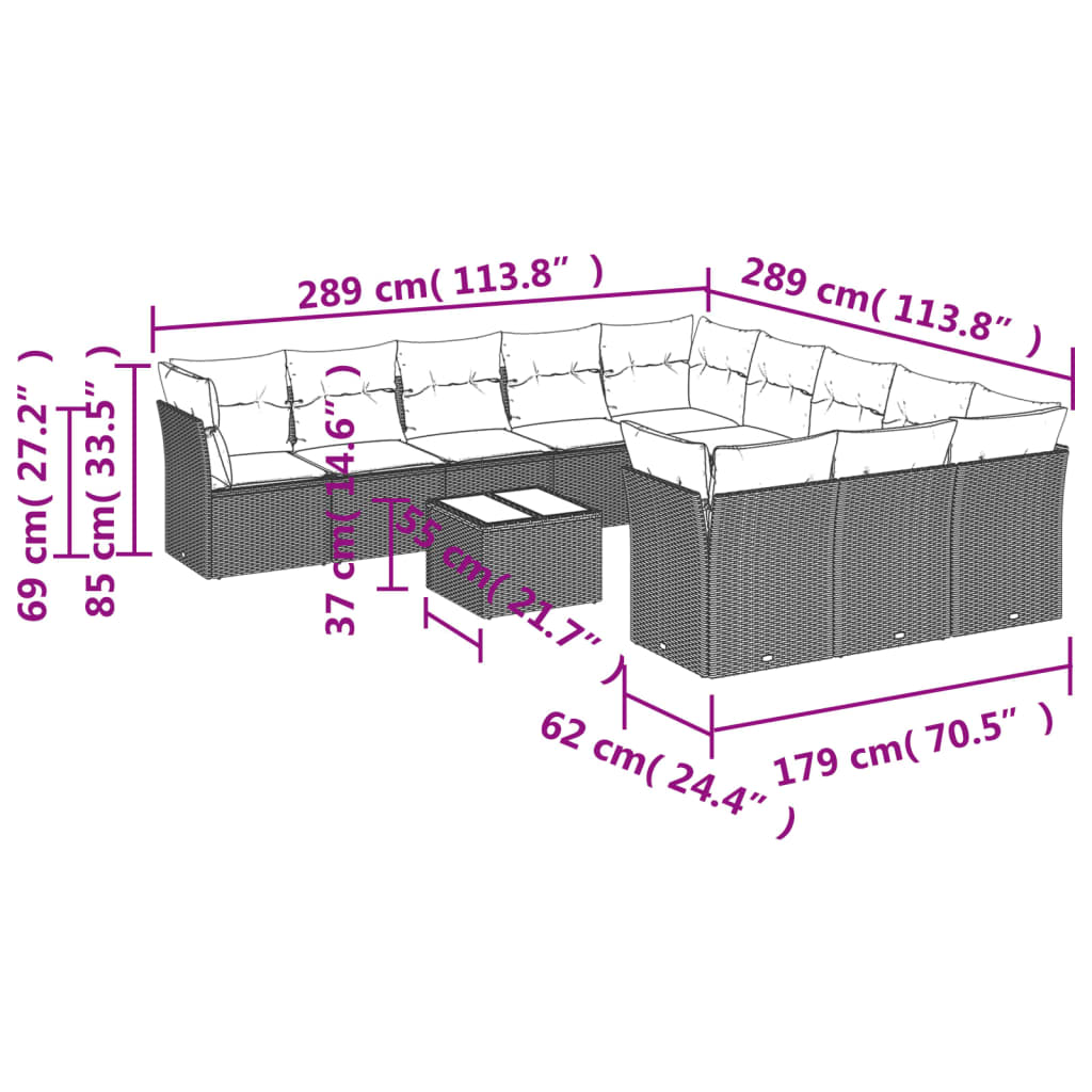 12 Pcs conj. sofás jardim com almofadões vime PE cinzento-claro