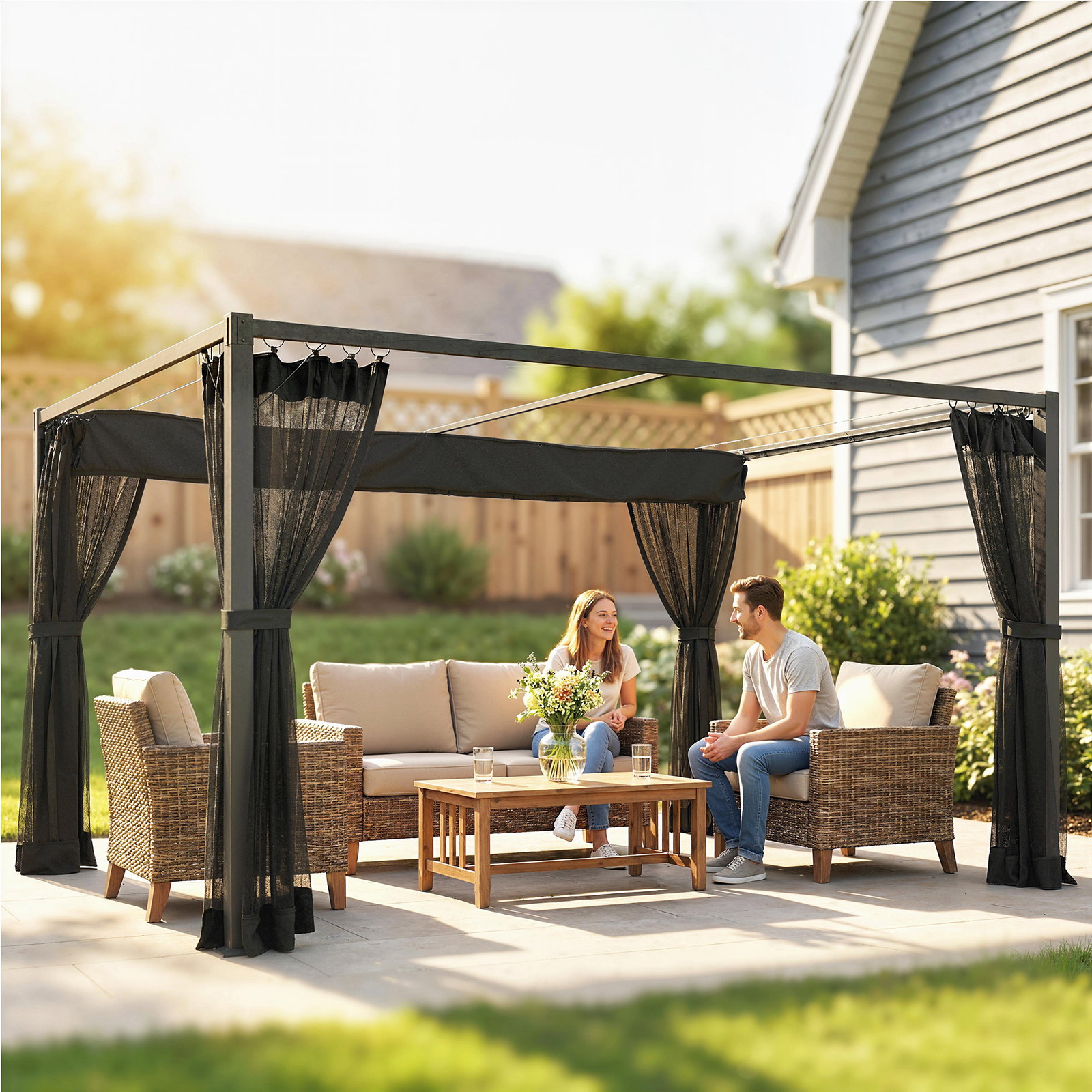 Pérgola de jardim 3x4 m com teto retrátil e 4 laterais em rede upf30+ pérgola para exterior terraço cinzento