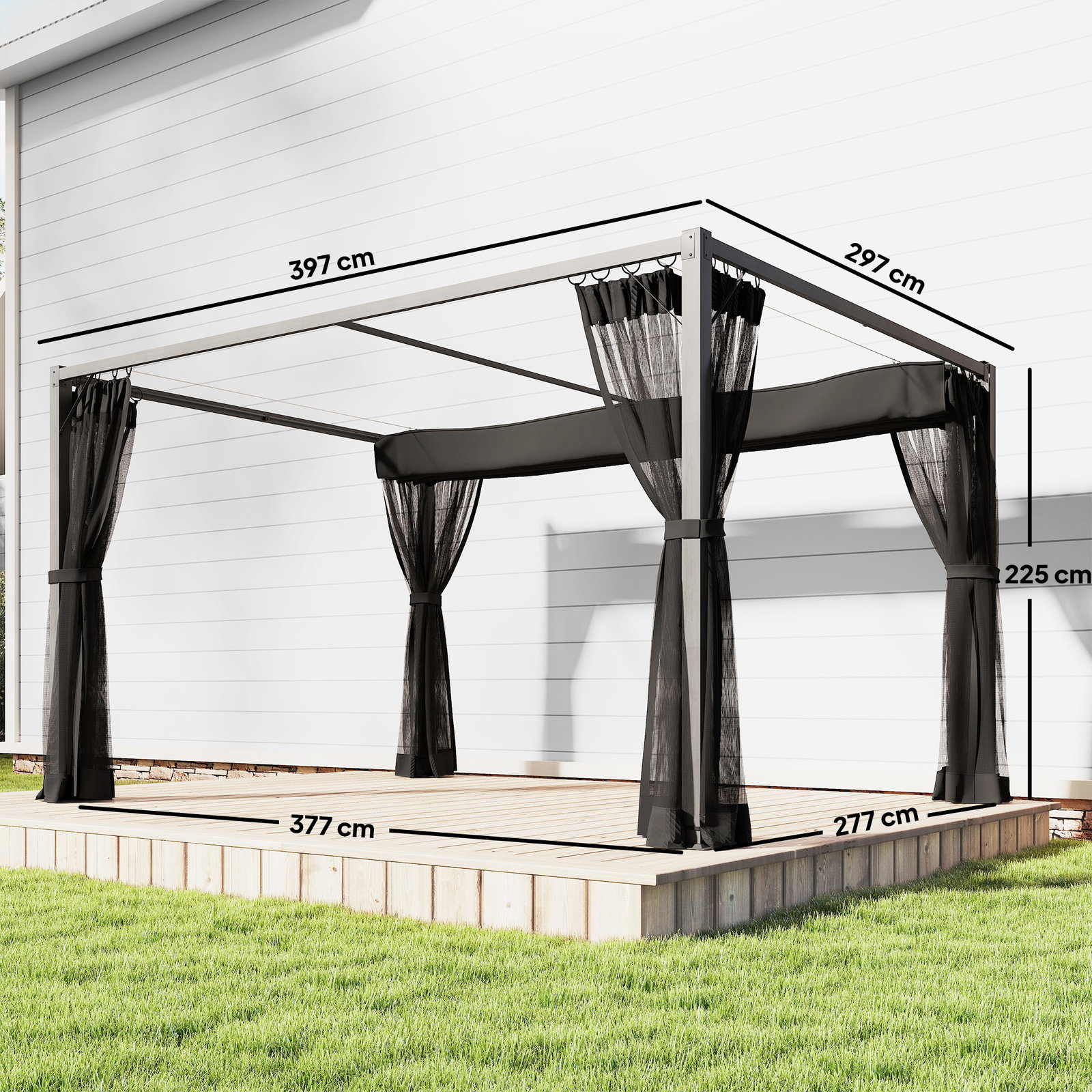 Pérgola de jardim 3x4 m com teto retrátil e 4 laterais em rede upf30+ pérgola para exterior terraço cinzento