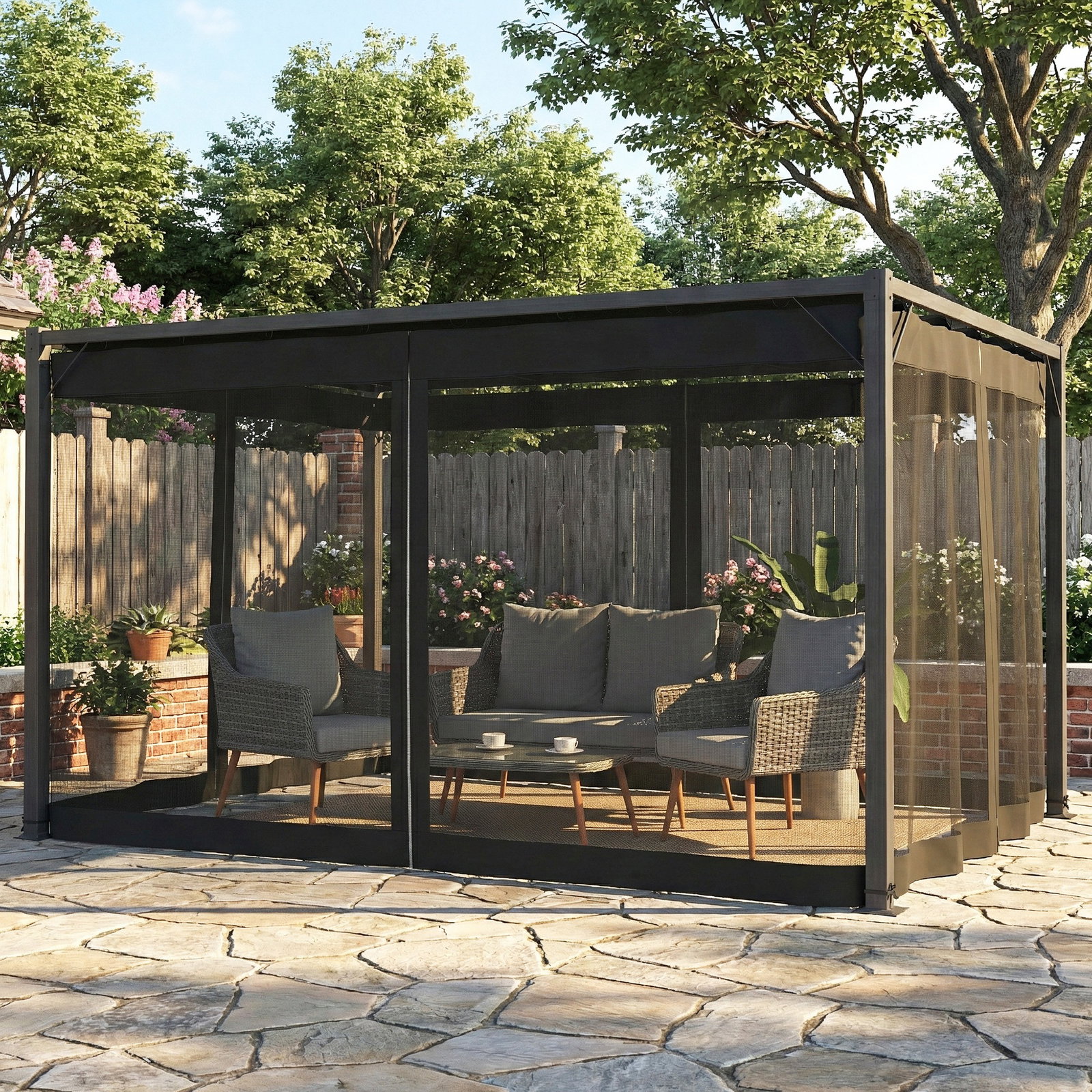 Pérgola de jardim 3x4 m com teto retrátil e 4 laterais em rede upf30+ pérgola para exterior terraço cinzento