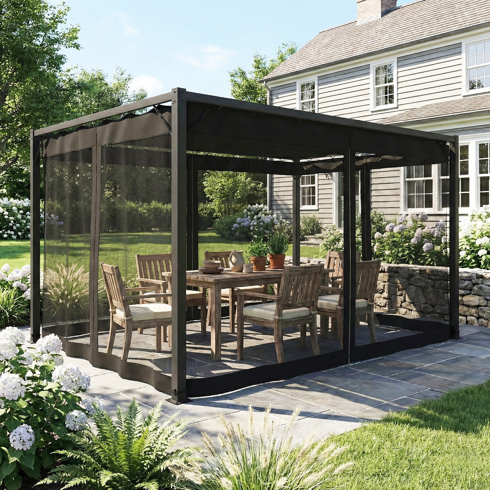 Pérgola de jardim 3x4 m com teto retrátil e 4 laterais em rede upf30+ pérgola para exterior terraço cinzento