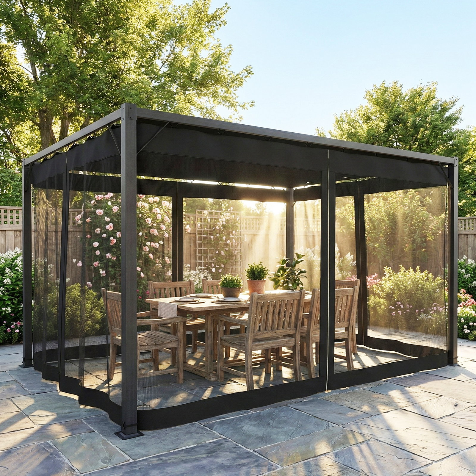 Pérgola de jardim 3x4 m com teto retrátil e 4 laterais em rede upf30+ pérgola para exterior terraço cinzento