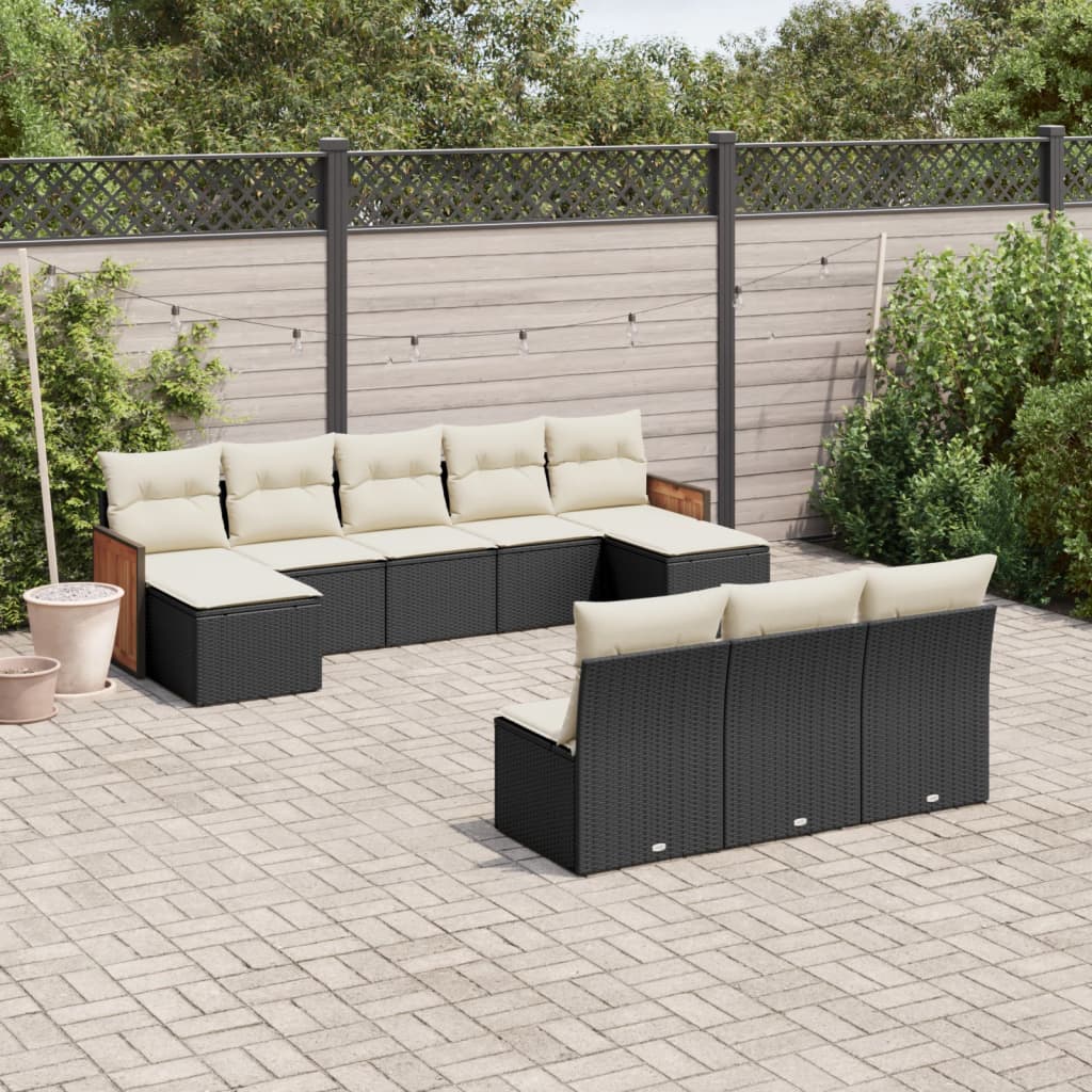 10 Pcs conjunto sofás de jardim c/ almofadões vime PE preto