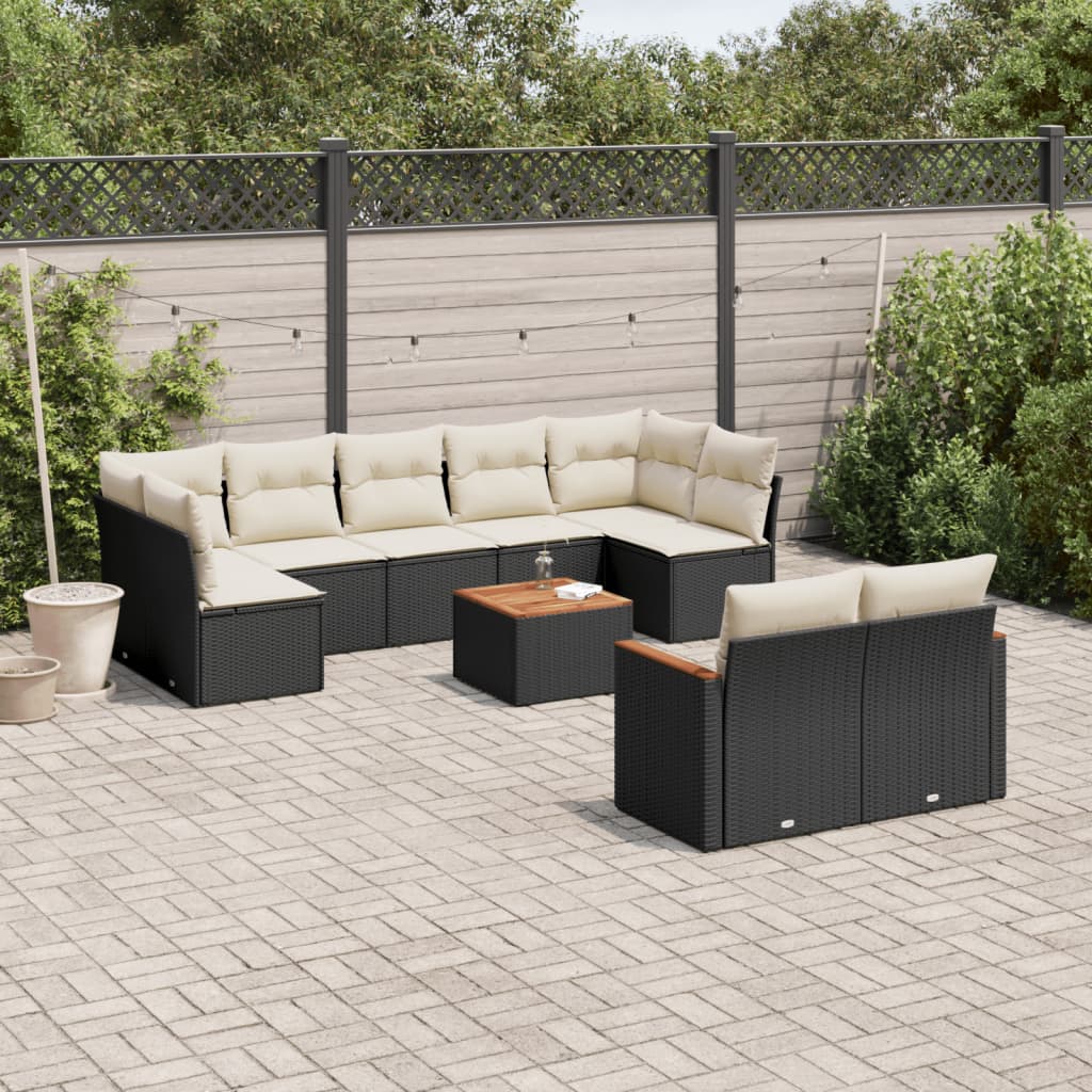 10 Pcs conjunto sofás de jardim c/ almofadões vime PE preto