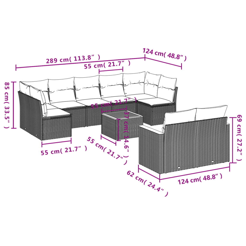 10 Pcs conjunto sofás de jardim c/ almofadões vime PE preto
