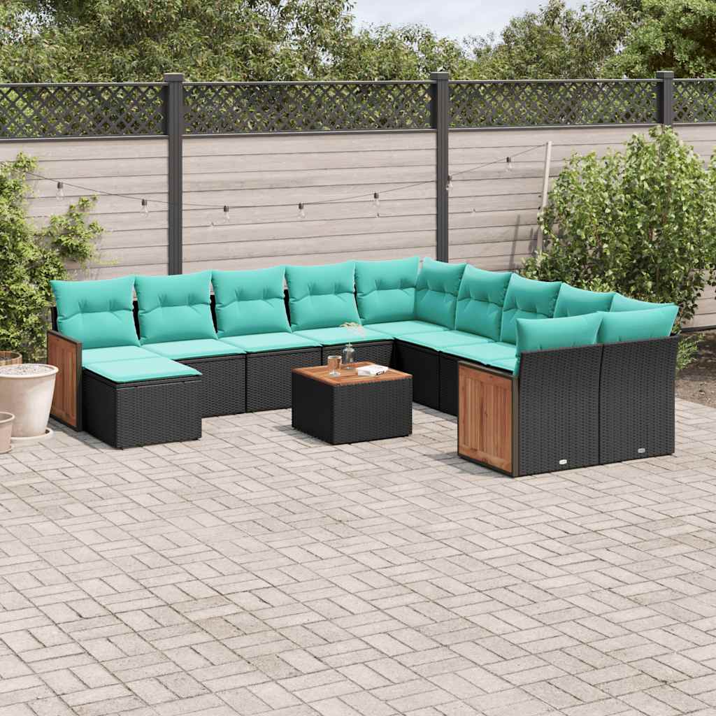 Conjunto de sofá de jardim com 12 peças e almofadas em rattan sintético preto
