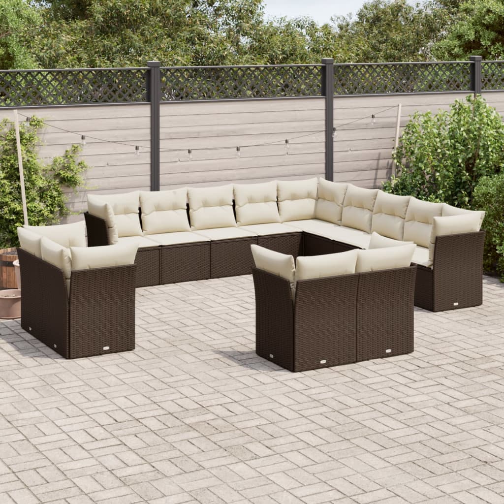 13 Pcs conjunto sofás p/ jardim c/ almofadões vime PE castanho