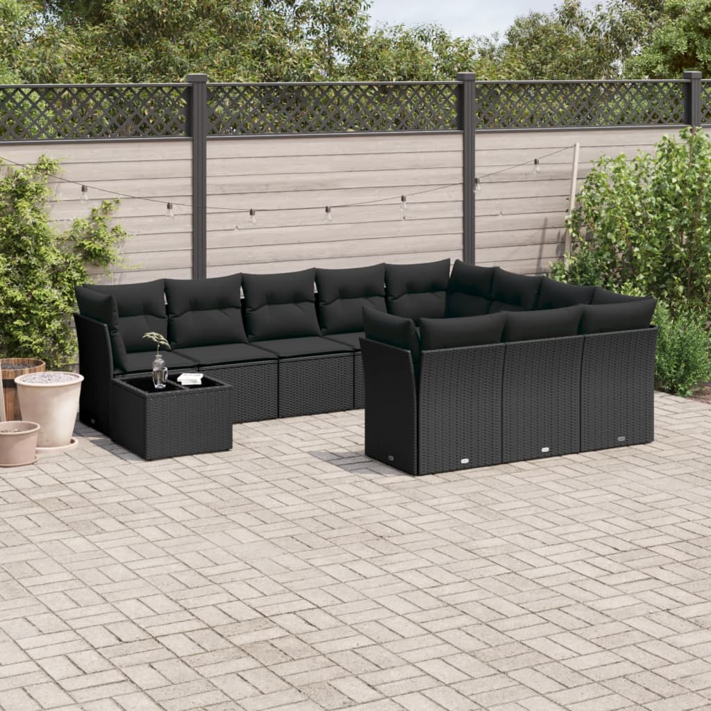 11 Pcs conjunto sofás de jardim c/ almofadões vime PE preto