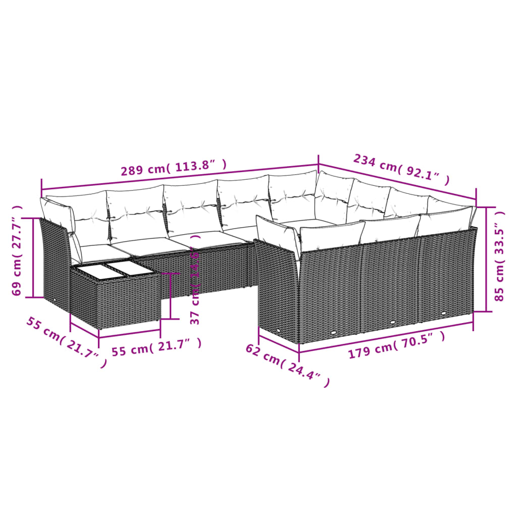 11 Pcs conjunto sofás de jardim c/ almofadões vime PE preto