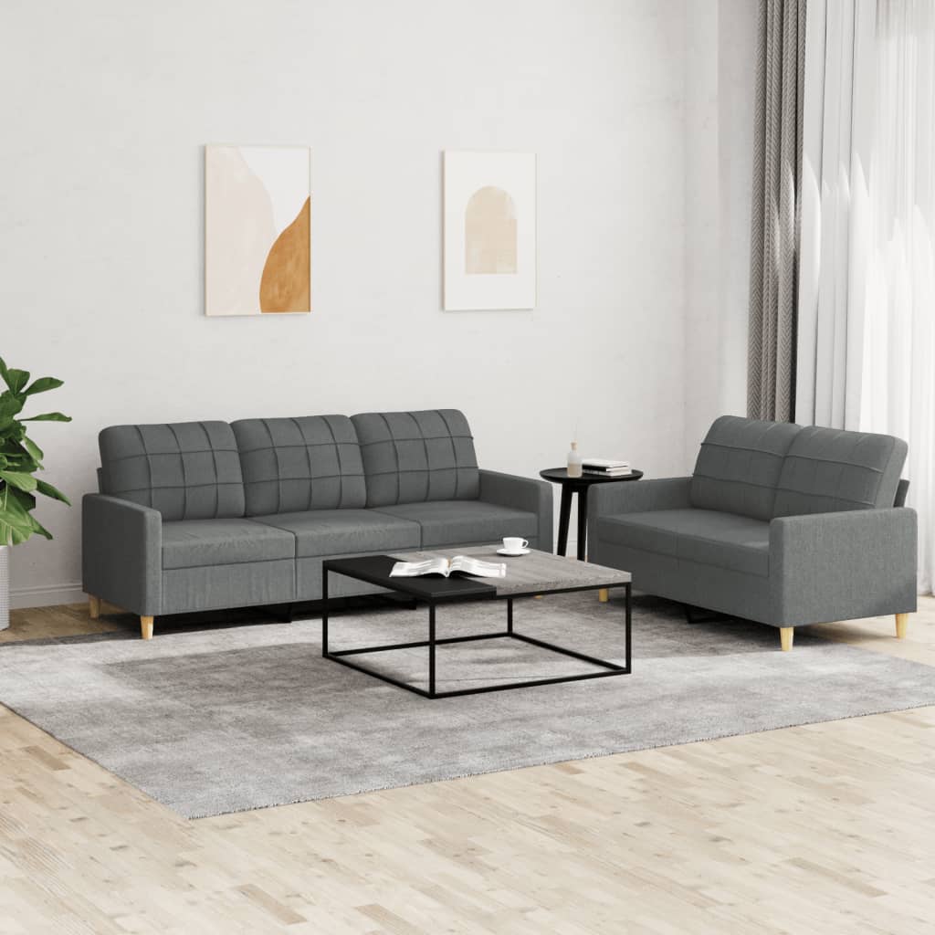 2 Pcs conjunto de sofás com almofadões tecido cinzento-escuro