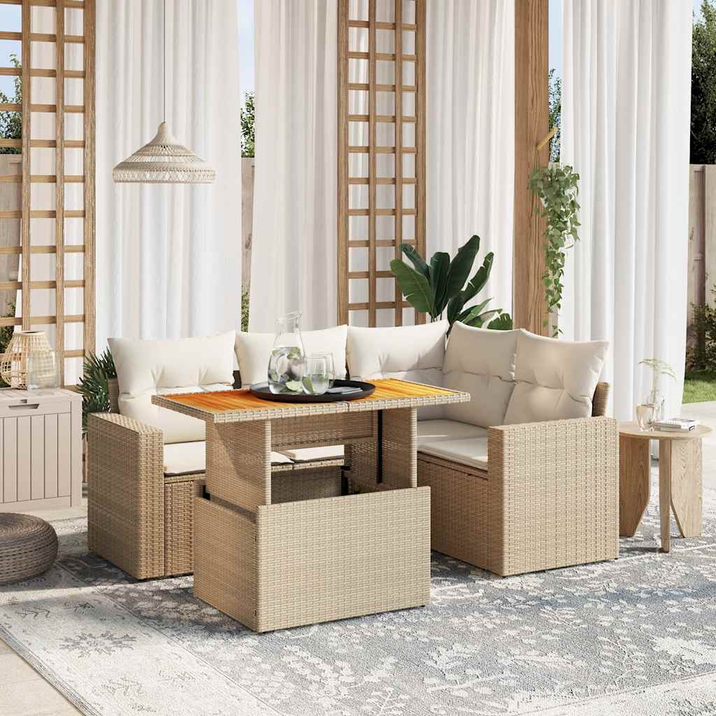 5 Pcs conjunto de sofás p/ jardim com almofadões vime PE bege