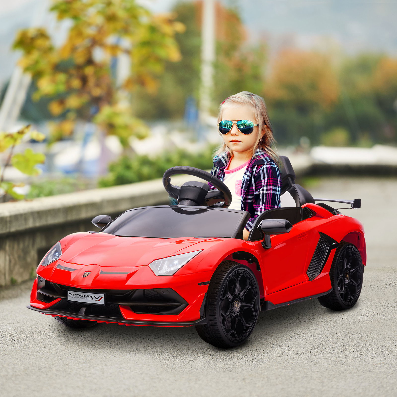 Carro elétrico lamborghini para crianças 12v velocidade 5km/h controlo remoto mp3 e luzes 107,5x63x42 cm vermelho