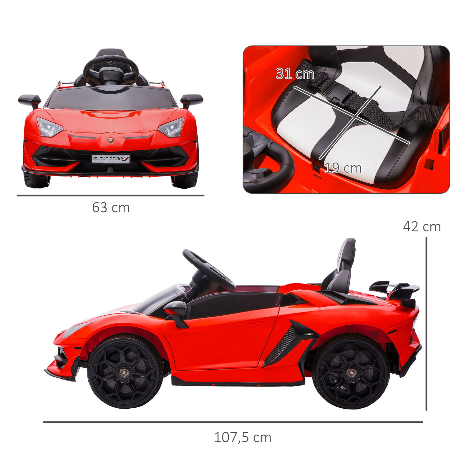Carro elétrico lamborghini para crianças 12v velocidade 5km/h controlo remoto mp3 e luzes 107,5x63x42 cm vermelho