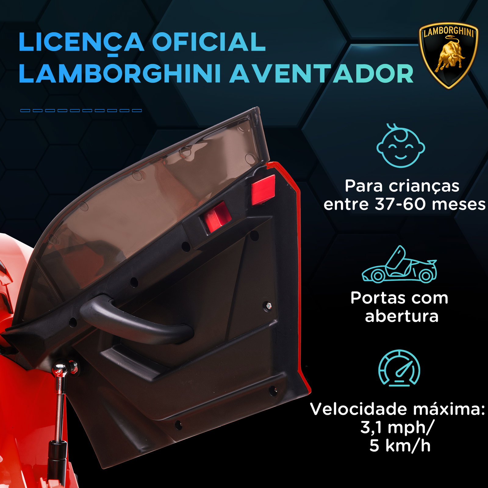 Carro elétrico lamborghini para crianças 12v velocidade 5km/h controlo remoto mp3 e luzes 107,5x63x42 cm vermelho
